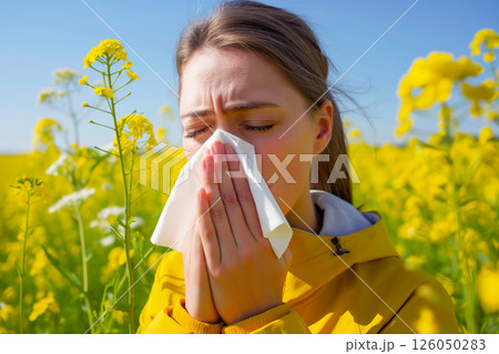 Woman sneezing due to pollen allergy outdoors 126050283