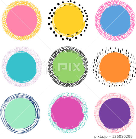 Hand drawn colorful modern labels  with lines and dots for kids product packaging for the food, cosmetic and health industry 126050299
