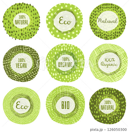 Round vector organic, bio or eco labels for healthy food packaging, cosmetics and product design 126050300