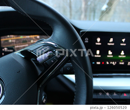 Speed Limiter Mode And Collision Avoidance System Buttons On A Steering Wheel With Blurred Monitor With Menu Icons In Modern Car Speed Limiter Mode And Collision Avoidance System Buttons On A Steering Wheel With Blurred Monitor With Menu Icons In Modern Car 126050520