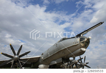 Huge Antenna On Landed Soviet Strategic Bomber Nose With Clouds On Blue Sky Background  126050533