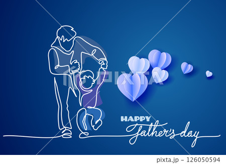 Father teaches his son to walk first step. Fathers day concept. Continuous one line drawing. Father teaches his son to walk first step. Fathers day concept. Continuous one line drawing. 126050594