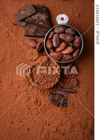 Cocoa powder, beans and natural chocolate Cocoa powder, beans and natural chocolate 126050613