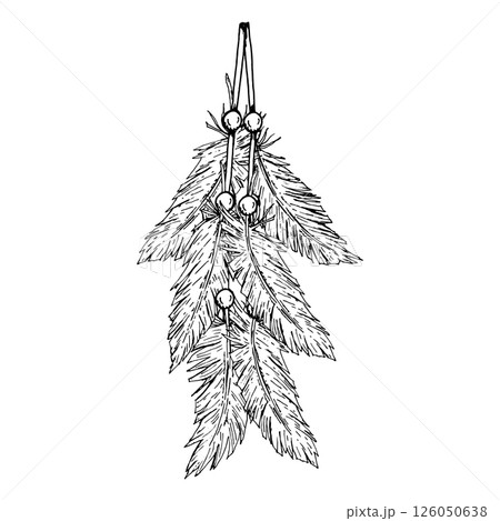 Vector illustration of six hanging feathers with beads, in black and white ink style. Esoteric ethnic decoration inspired by dreamcatchers, used in rituals, interiors, crafts, and spiritual design. 126050638