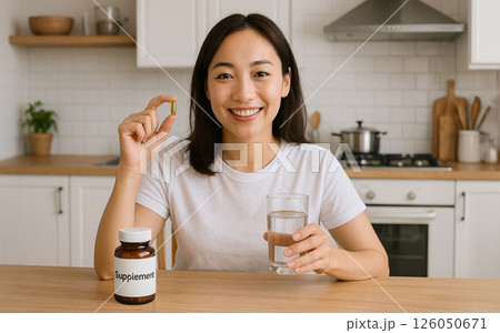 自宅のキッチンで水と一緒に栄養補助食品を摂取し、健康と日々のセルフケアを体現する笑顔の女性。 自宅のキッチンで水と一緒に栄養補助食品を摂取し、健康と日々のセルフケアを体現する笑顔の女性。 126050671