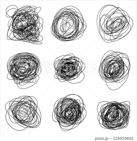 Set of abstract tangled hand drawn scrawls in. Black vector doodle shapes of messy lines for graphic and package design. 126050692