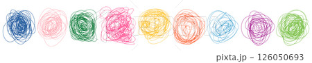 Colorful tangled vector scribble shapes, messy chaotic doodle scrawls for designs for kids and school graphics Colorful tangled vector scribble shapes, messy chaotic doodle scrawls for designs for kids and school graphics 126050693