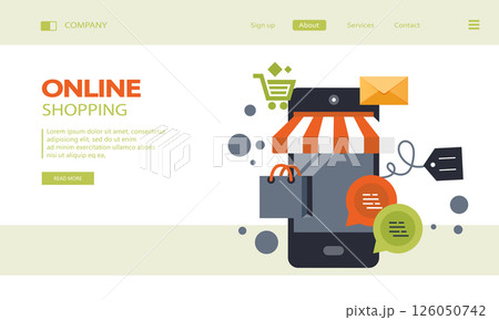 On line shopping and payment Methods. Mobile payments. Pay per click and online order. Flat vector illustration	 126050742
