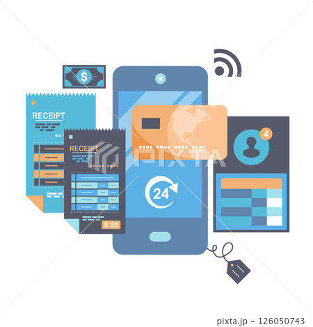 Order online. On line shopping and payment Methods. Mobile payments. Pay per click and online order. Flat vector illustration	 126050743