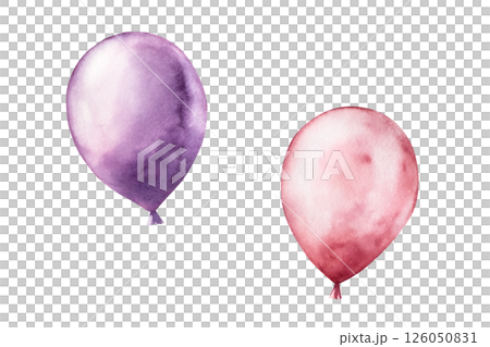 Foil red and purple balloons. Watercolor pastel cotton candy. Hand drawn illustration isolated on background, transparent png. Cartoon illustration. Baby shower design elements. Party invitation Foil red and purple balloons. Watercolor pastel cotton candy. Hand drawn illustration isolated on background, transparent png. Cartoon illustration. Baby shower design elements. Party invitation 126050831