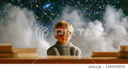 Child Daydreaming With Curiosity Under a Starry Sky in a Cozy Setting 126050854