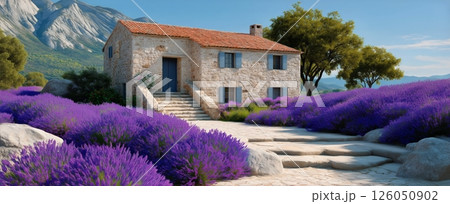 Lavender Fields Surround a Rustic Stone House in a Serene Mountain Landscape 126050902