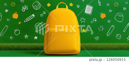 Bright Yellow Backpack Against a Vibrant Green Background With Doodles and Grass 126050915