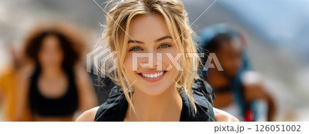 Smiling Hiker With Backpack Enjoys Adventure in Beautiful Mountain Landscape During Sunny Day 126051002