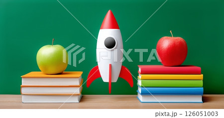 Bright Rocket Between Apples on Stacked Books Creating a Playful Study Environment in a Classroom 126051003
