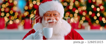 Santa Claus Enjoying a Warm Drink in a Festive Setting With Holiday Decorations Santa Claus Enjoying a Warm Drink in a Festive Setting With Holiday Decorations 126051015