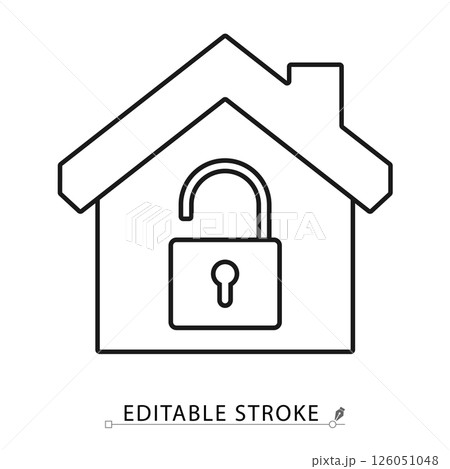 House with open padlock icon in minimal black outline style on white background. Editable stroke vector for access, smart home, privacy, property or security topics. Concept: home security. 126051048