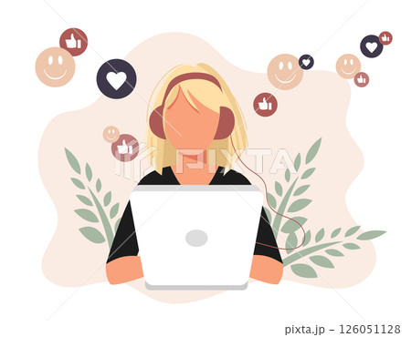 Social network. Woman using lap top for social networking. Chatting. Creative flat design for web banner, marketing material, business presentation, online advertising. Flat vector illustration Social network. Woman using lap top for social networking. Chatting. Creative flat design for web banner, marketing material, business presentation, online advertising. Flat vector illustration 126051128