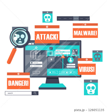 Malware concept. Concept of virus, piracy, hacking and security. Website banner of e-mail protection, anti-malware software. Computer Viruses Attack, Errors detected, Warning signs, Stealing data.	 126051135