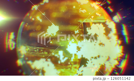 A vibrant digital depiction of Earth with pixelated textures in warm orange hues, symbolizing a futuristic and high-tech global concept background 126051142