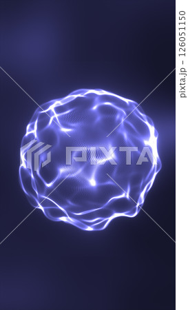 Glowing abstract energy sphere composed of soft flowing light strands and digital particles on a dark background 126051150