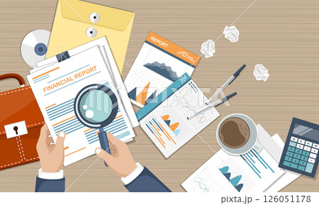 Business report. Financial report. Accounting, research, data analysis, audit, calculation. Business work desk, office, workplace. Flat vector illustration	 126051178