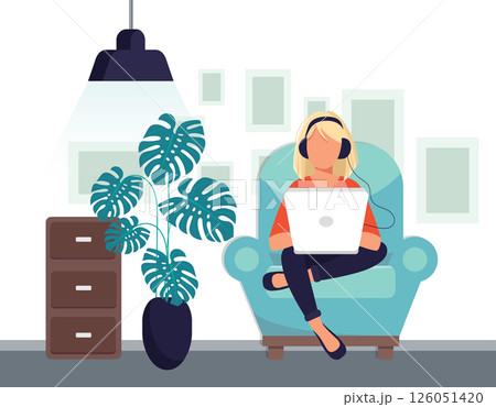 Home office concept, person working from home, student or freelancer. Vector illustration in flat style Home office concept, person working from home, student or freelancer. Vector illustration in flat style 126051420