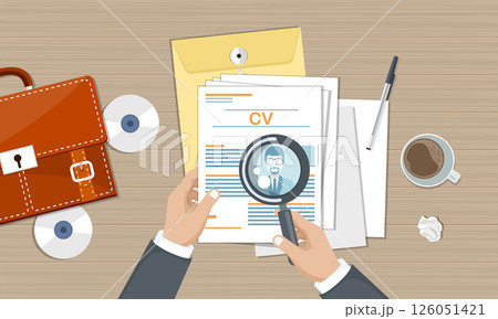 CV papers on desk with documents and magnifying glass. Human resources, hiring new employees concept. Flat vector design. CV papers on desk with documents and magnifying glass. Human resources, hiring new employees concept. Flat vector design. 126051421