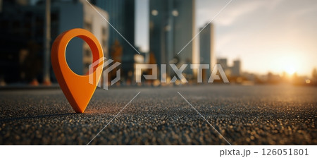 Bright Orange Location Pin Stands on City Street During Sunset When Urban Life Slows Down 126051801