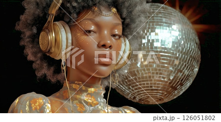 Young Woman With Curly Hair and Headphones Enjoying Music at a Disco-Themed Party 126051802