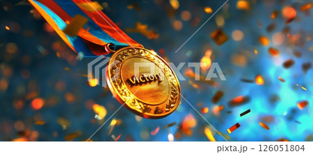 Gold Medal for Victory Captured With Confetti in the Background Celebrating Achievement 126051804