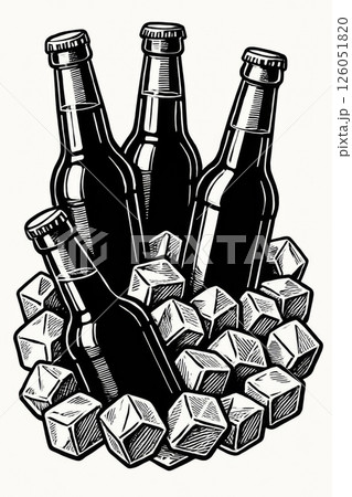 Bottles of Beer Nestled Among Ice Cubes in a Vintage Design Illustration 126051820