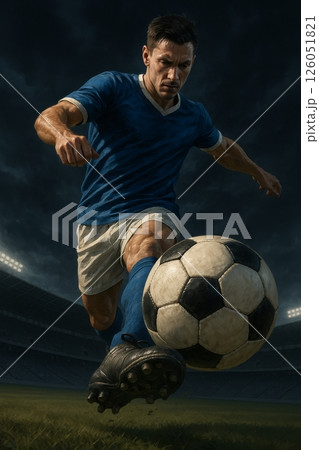 Dynamic Soccer Player Kicking the Ball on a Dark Stadium Field During a Night Match 126051821