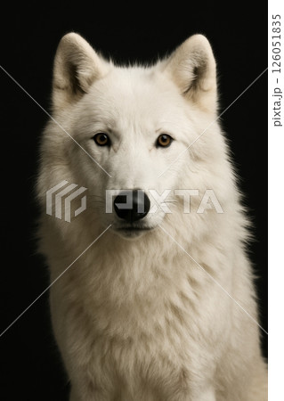 White Wolf With Striking Features Poses Against Black Backdrop Showcasing Its Majestic Presence White Wolf With Striking Features Poses Against Black Backdrop Showcasing Its Majestic Presence 126051835