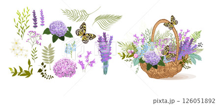 Basket with flowers. Set of flowers. hand drawn. Not AI, Vector illustration Basket with flowers. Set of flowers. hand drawn. Not AI, Vector illustration 126051892