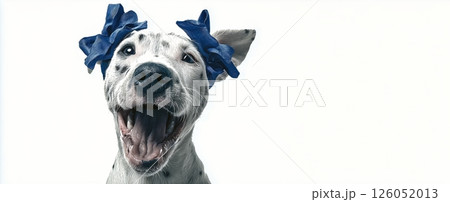 Cute White Dog With Blue Bow Happily Yawning Against a Light Background 126052013