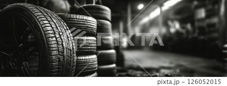 Stacked Tires in a Dimly Lit Storage Area Showcasing Industry Elements 126052015