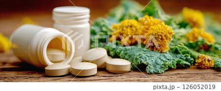 Natural Health Supplements With Herbal Ingredients and Tablets on Wooden Surface 126052019