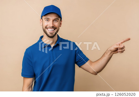 Friendly Assistant in Blue Uniform Pointing and Smiling Against a Neutral Background 126052020