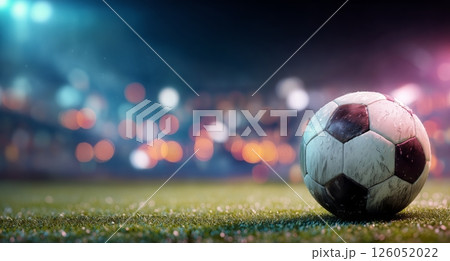 Soccer Ball Resting on the Grass Field During a Night Match With Colorful Lights in the Background 126052022