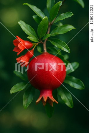 Bright Red Pomegranate Fruit Hanging From a Green Branch With Small Orange Flowers in a Lush Garden 126052023