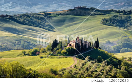 Rolling Green Hills With a Villa Nestled in the Tuscan Countryside During the Afternoon Light 126052026