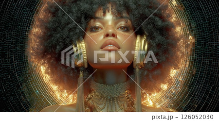 Captivating Portrait of a Woman With a Striking Hairstyle and Headphones Set Against a Radiant Background Captivating Portrait of a Woman With a Striking Hairstyle and Headphones Set Against a Radiant Background 126052030