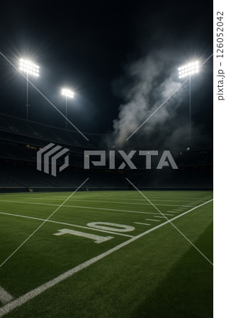 Nighttime Football Field With Stadium Lights Illuminating the Grass and Smoke in the Background Nighttime Football Field With Stadium Lights Illuminating the Grass and Smoke in the Background 126052042