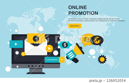 Digital marketing concept. Advertising and promoting. Flat vector illustration. Online marketing specialist. Female character	 126052054