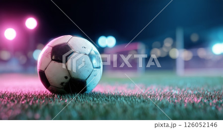 Soccer Ball on Grass With Colorful City Lights in the Background at Night 126052146