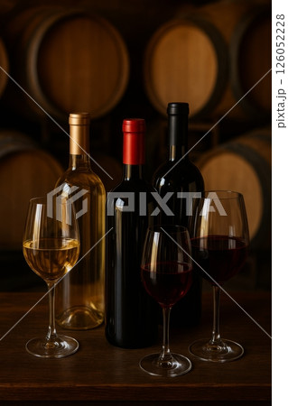 Red and White Wine Bottles and Glasses Displayed in a Rustic Setting With Wooden Barrels 126052228