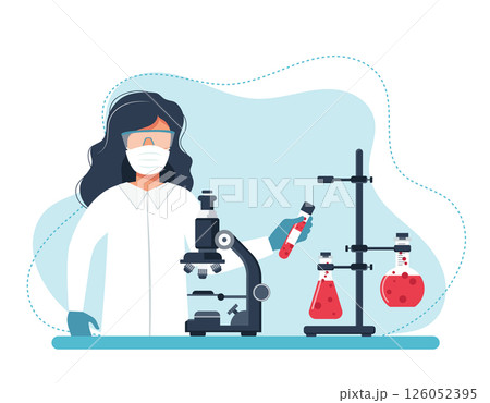 Lab research. Female scientist in laboratory. Vaccine research, scientists conducting experiments in lab. illustration in flat style	 126052395