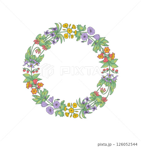 Hand drawn line art canary islands flowers wreath. Card template with cute floral frame Hand drawn line art canary islands flowers wreath. Card template with cute floral frame 126052544