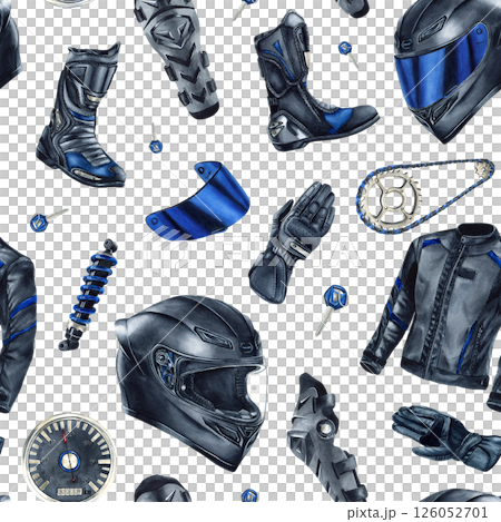Moto gear clothing seamless pattern. Motorcyclist clothes, accessories. Helmet, glove, motoboot, kneepad, jacket, shock absorber, chain, blue visor, key. Isolated watercolor clip art for packaging. 126052701